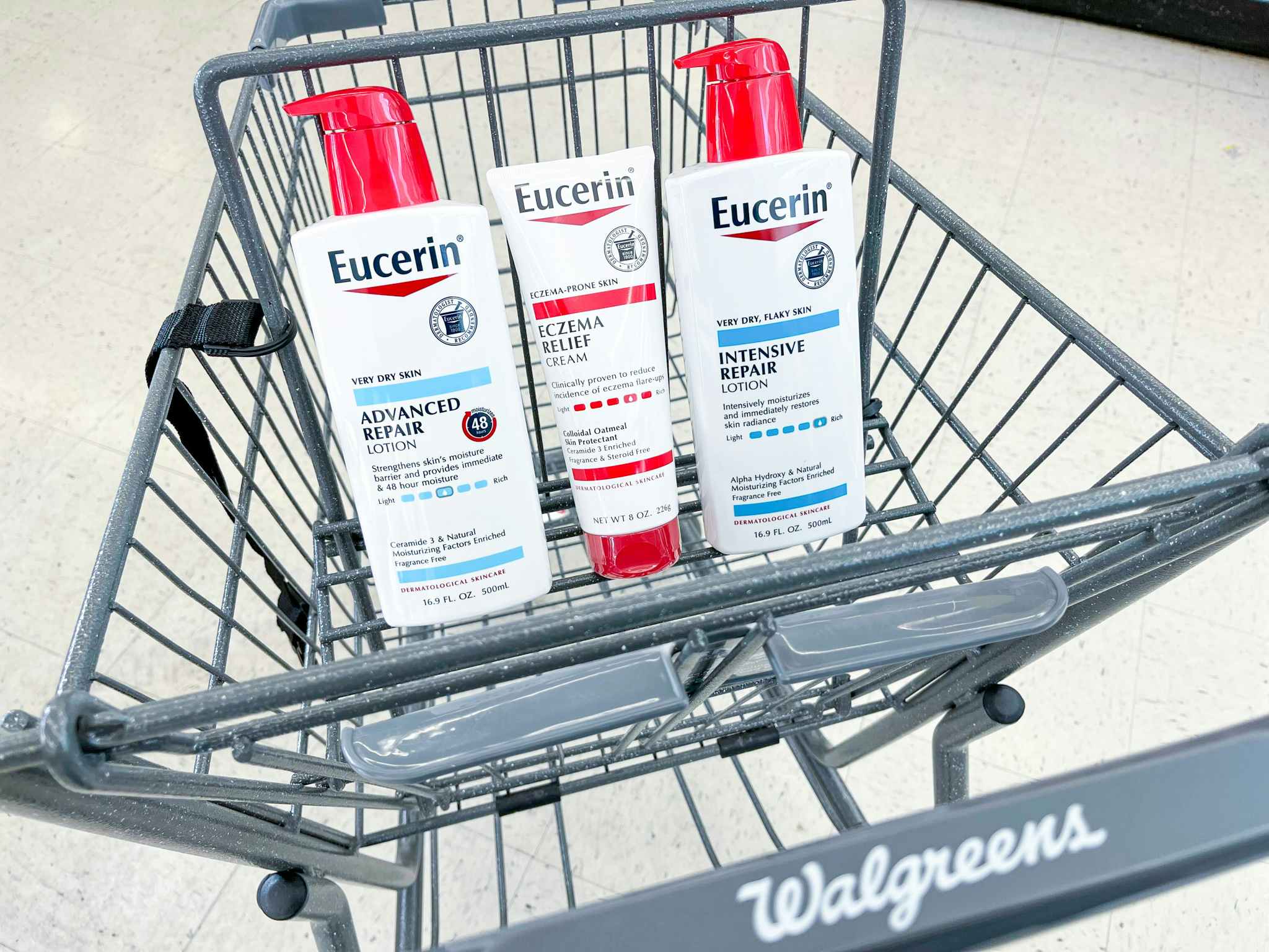 three eucerin lotions and creams in shopping cart