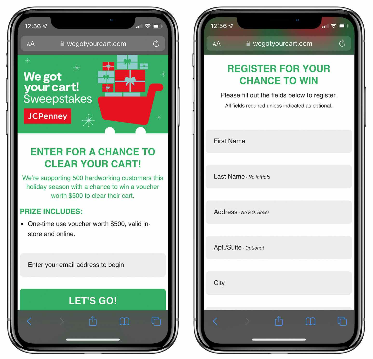 A graphic of two phones showing the registration pages for the JCPenney We Got Your Cart Sweepstakes