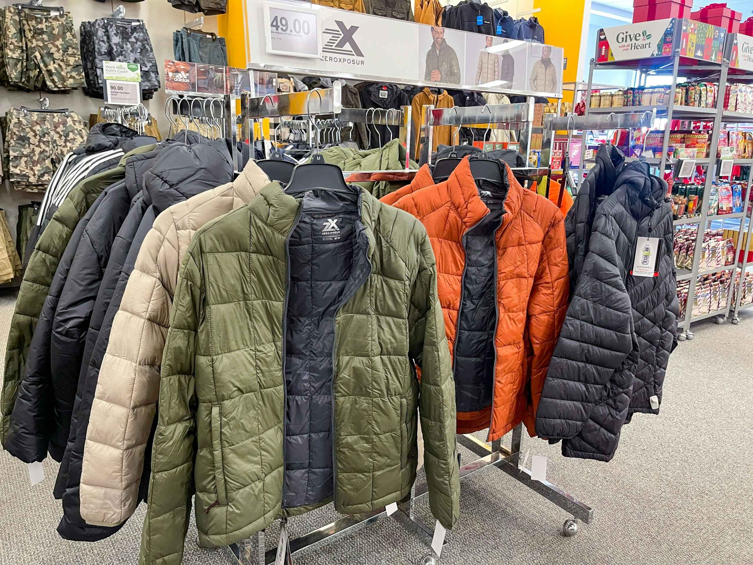 Rack of Zero Xposure puffer jackets
