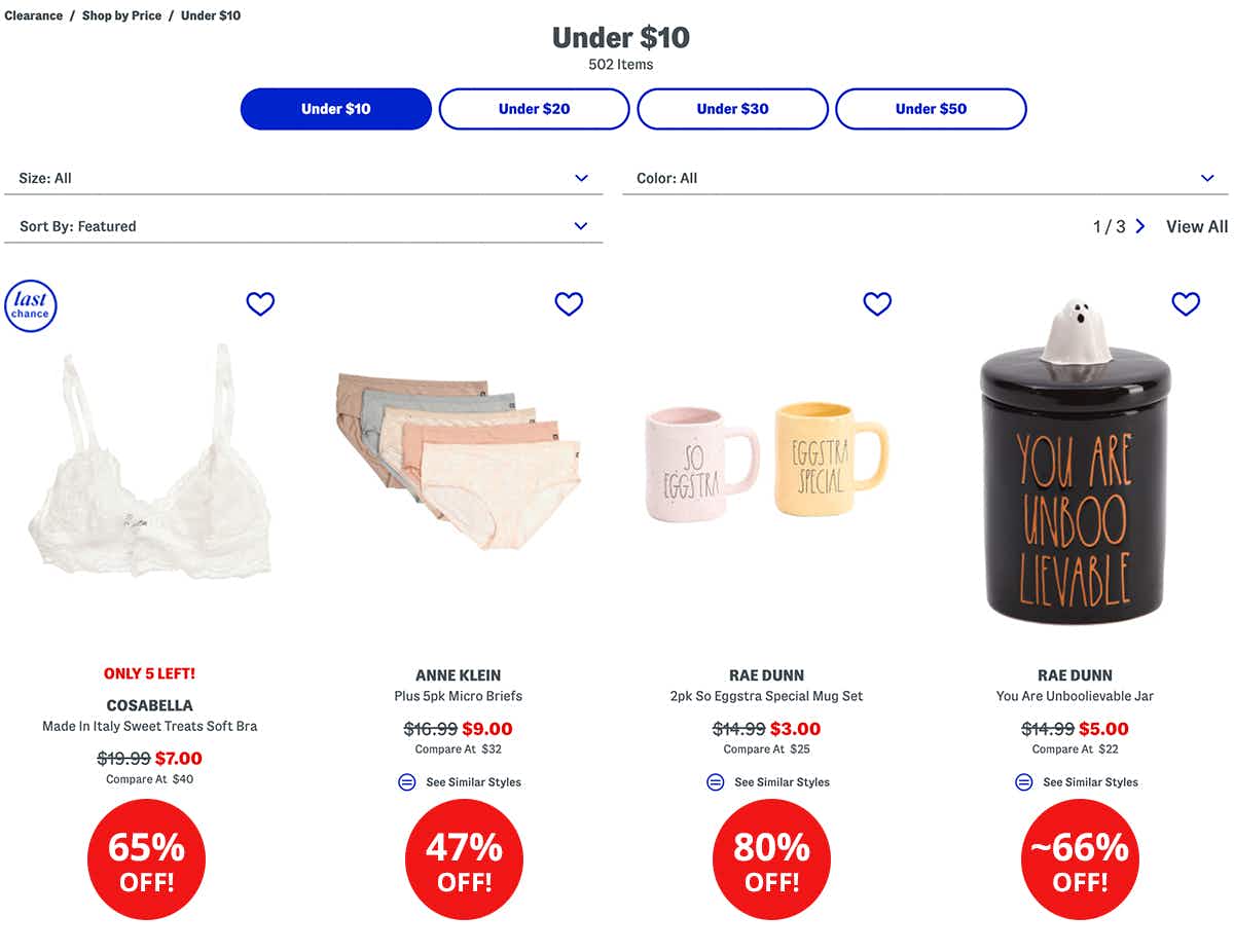 The Marshalls.com page for deals under $10 with the percentages off written in red circles below each item