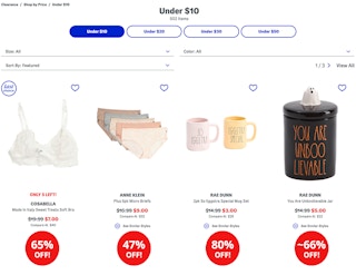 The Marshalls.com page for deals under $10 with the percentages off written in red circles below each item