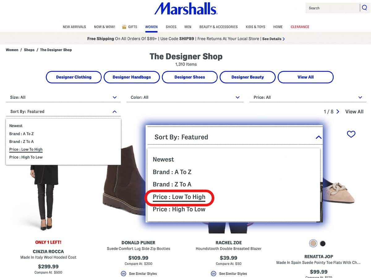 A screenshot of the Designer Shop on Marshalls.com with the sort filter drop down menu highlighted and "price: low to high" circled