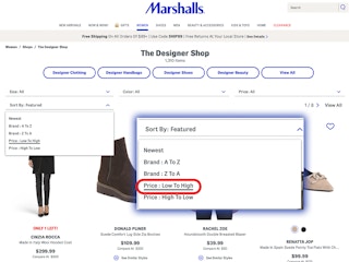 A screenshot of the Designer Shop on Marshalls.com with the sort filter drop down menu highlighted and "price: low to high" circled