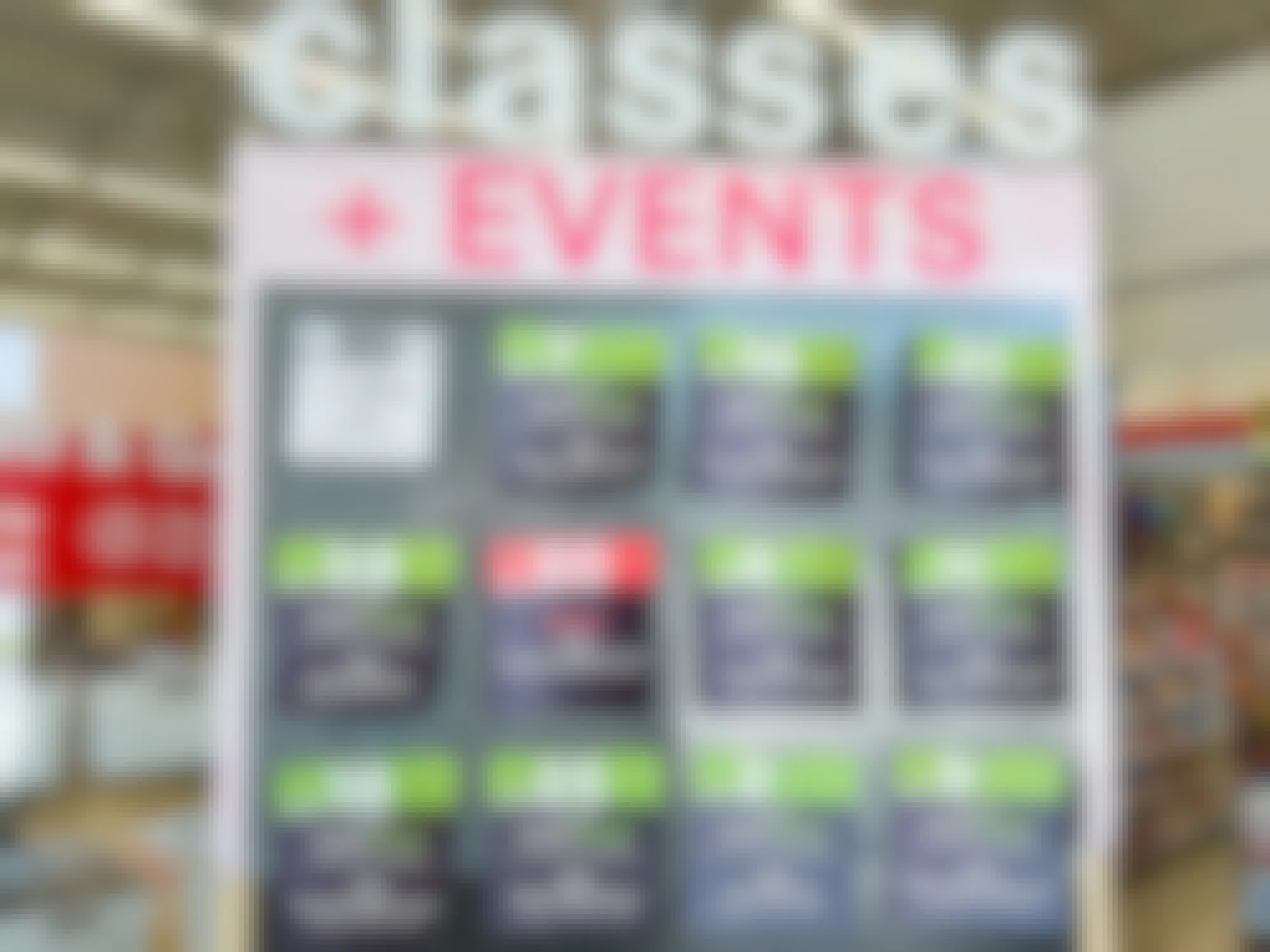 A display of signs showing the dates of all coming up Michaels events and classes