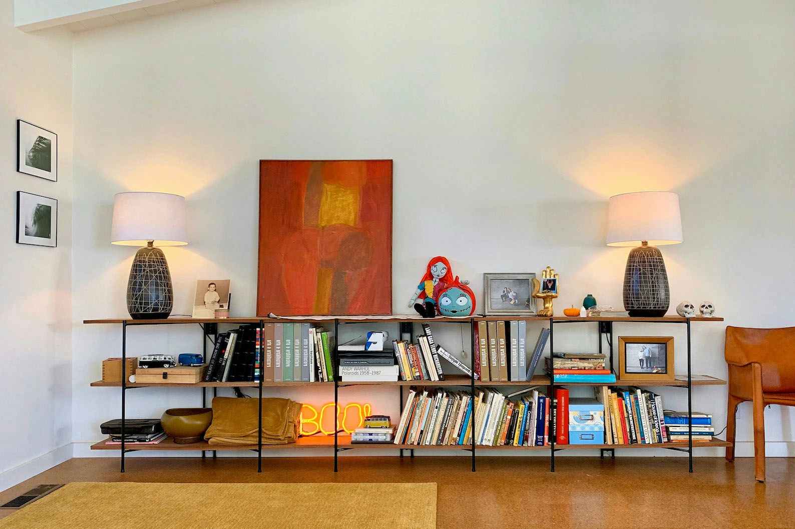 Console table with miscellaneous items in a living room