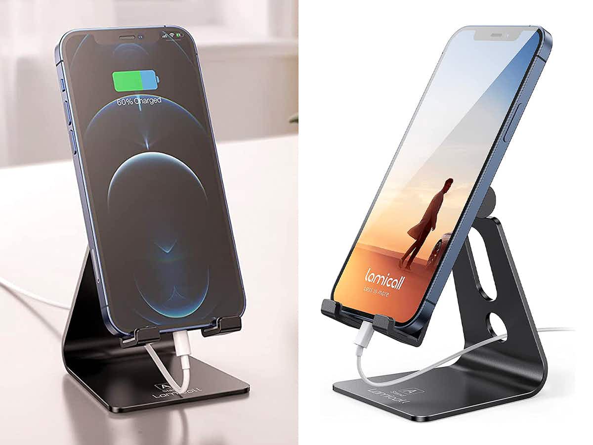 An adjustable phone stand on a desk with a phone in it next to a different view of the same product on a white background