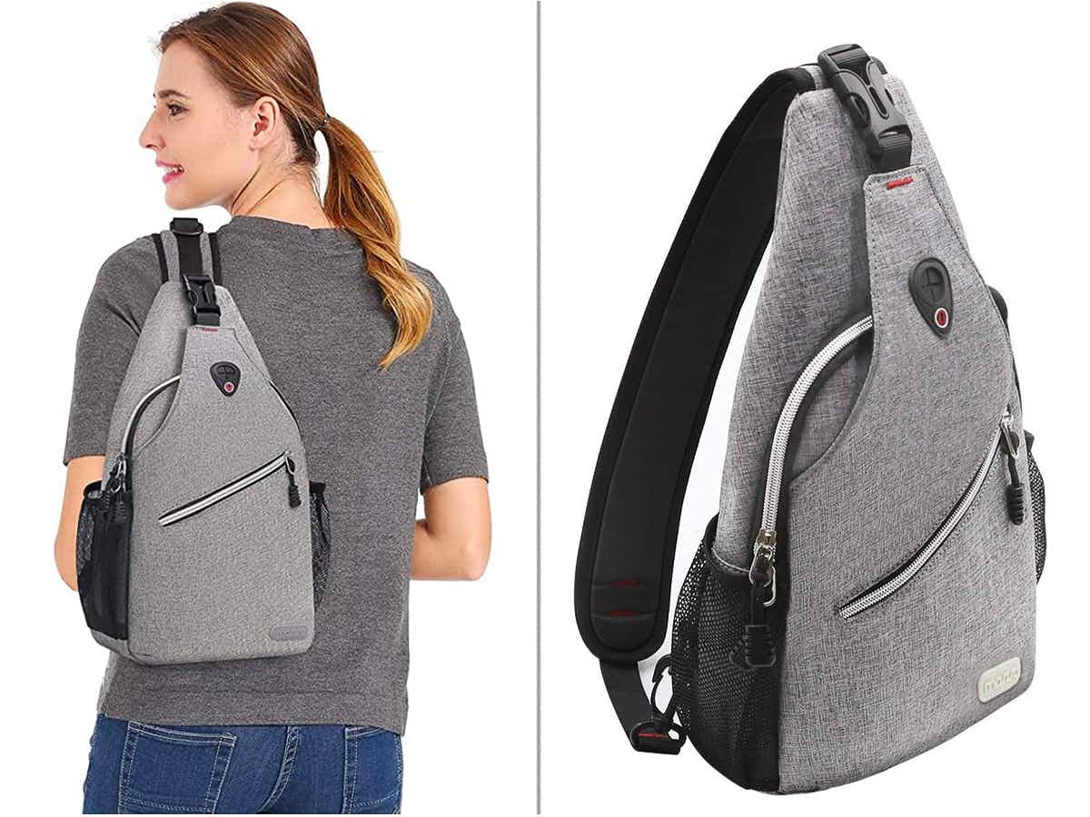 A person wearing a Mosiso sling backpack next to the same backpack on a white background