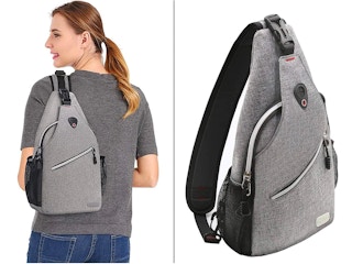 A person wearing a Mosiso sling backpack next to the same backpack on a white background
