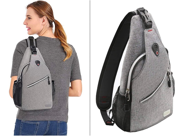 A person wearing a Mosiso sling backpack next to the same backpack on a white background