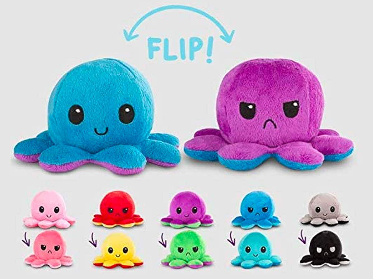 A TeeTurtle Original Reversible Octopus Plushie showing all the color variants on a grey background