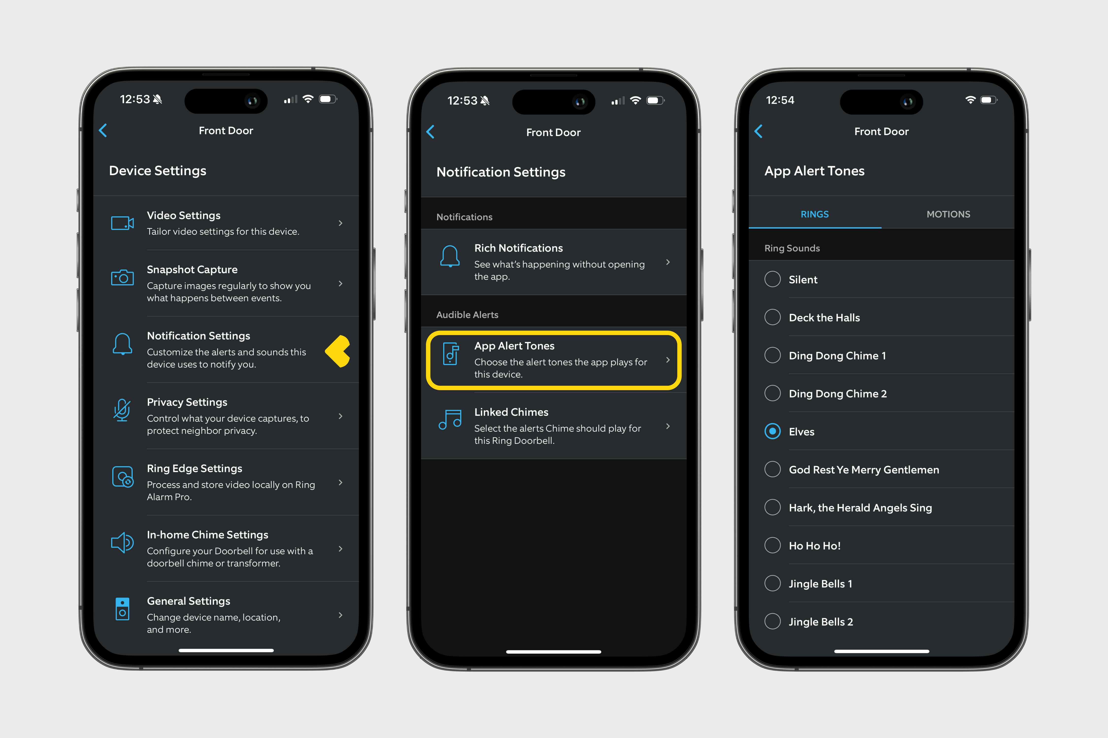 phones showing steps how to change your Ring doorbell notification sound