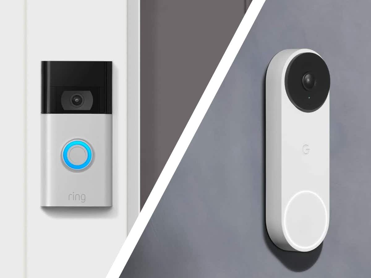 A Ring video doorbell and a Nest video doorbell with a line between them