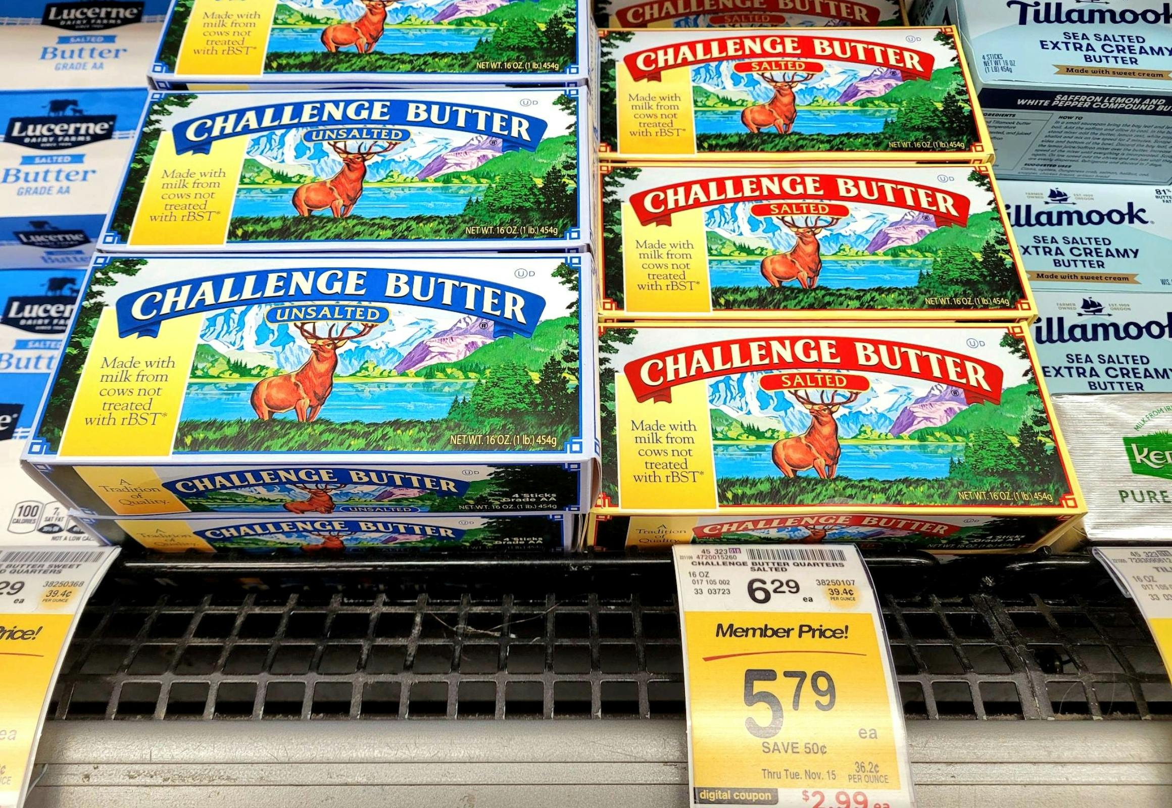 A pack of Challenge butter in a store.
