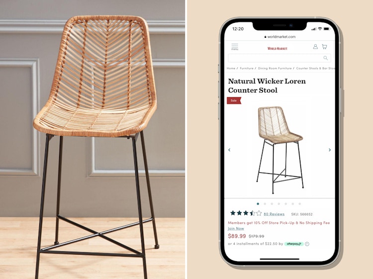 world market wicker stool and phone screenshot for price matching