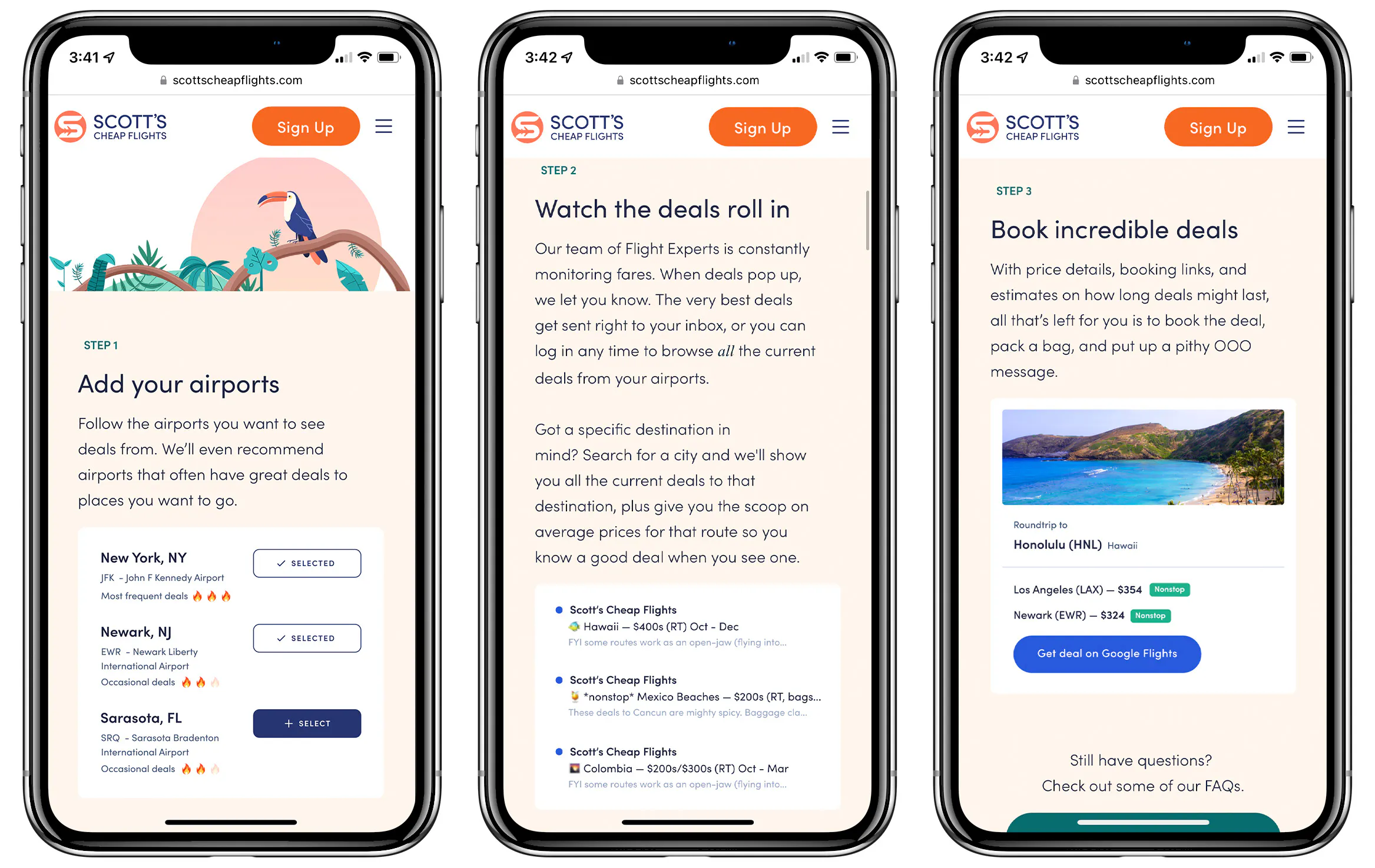 A graphic of 3 phones showing the steps for using the Scott's Cheap Flights website