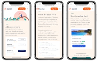 A graphic of 3 phones showing the steps for using the Scott's Cheap Flights website
