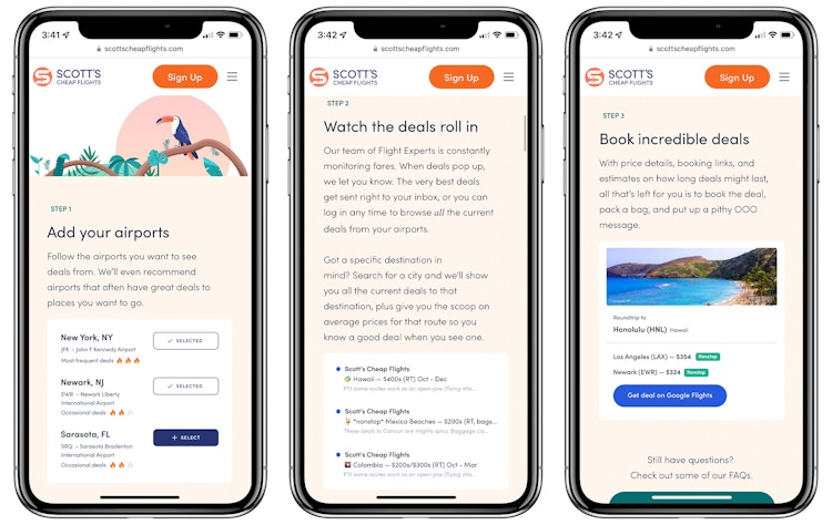 A graphic of 3 phones showing the steps for using the Scott's Cheap Flights website