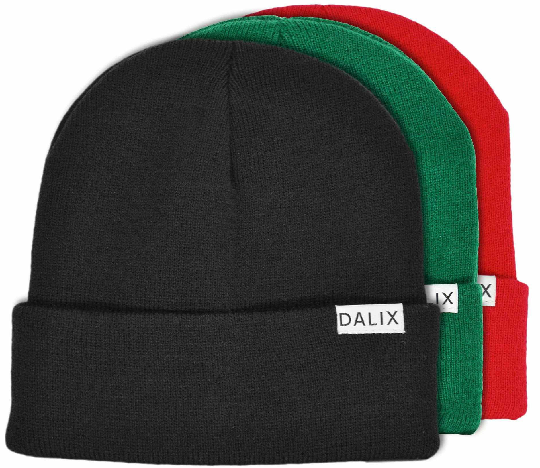 three different colored beanie hats on a white background