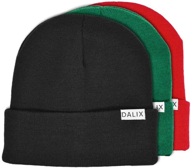 three different colored beanie hats on a white background