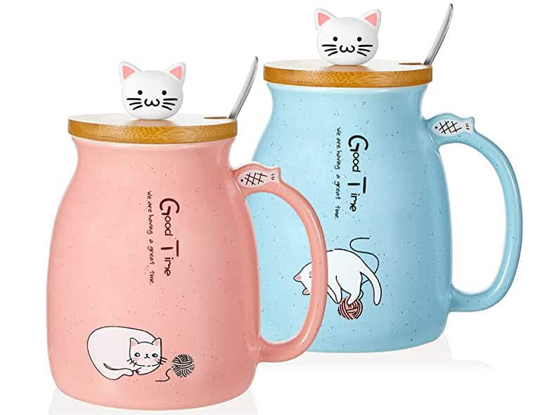 two cute mugs with a kitty topper