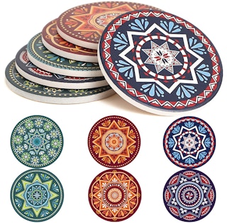 secret santa gifts - a stack of coasters with cool designs on them.