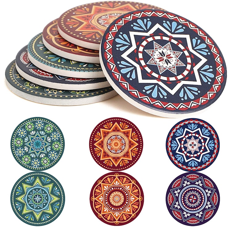 secret santa gifts - a stack of coasters with cool designs on them.