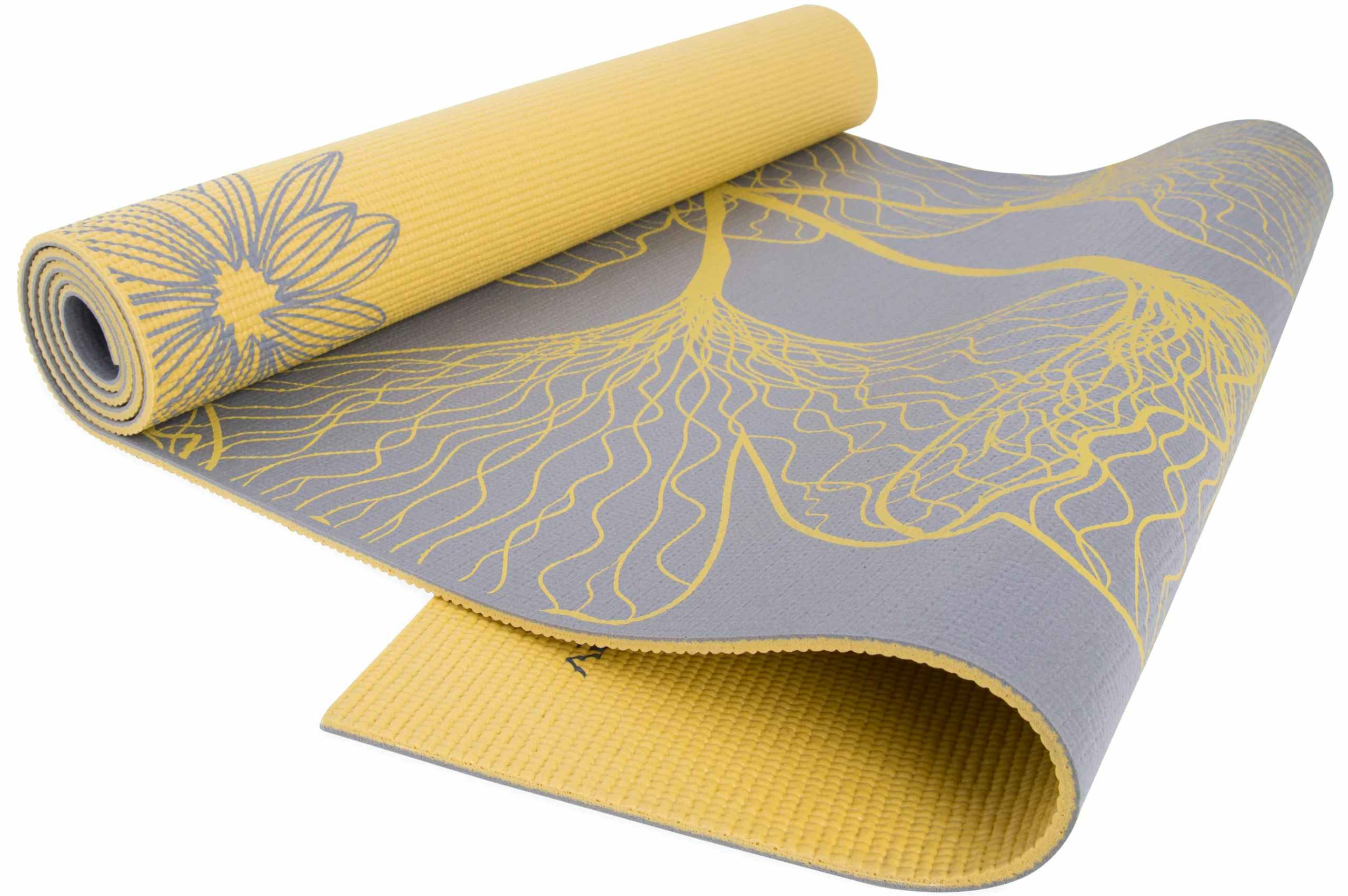 secret santa gifts - a yellow and grey reversible yoga mat with flower patterns