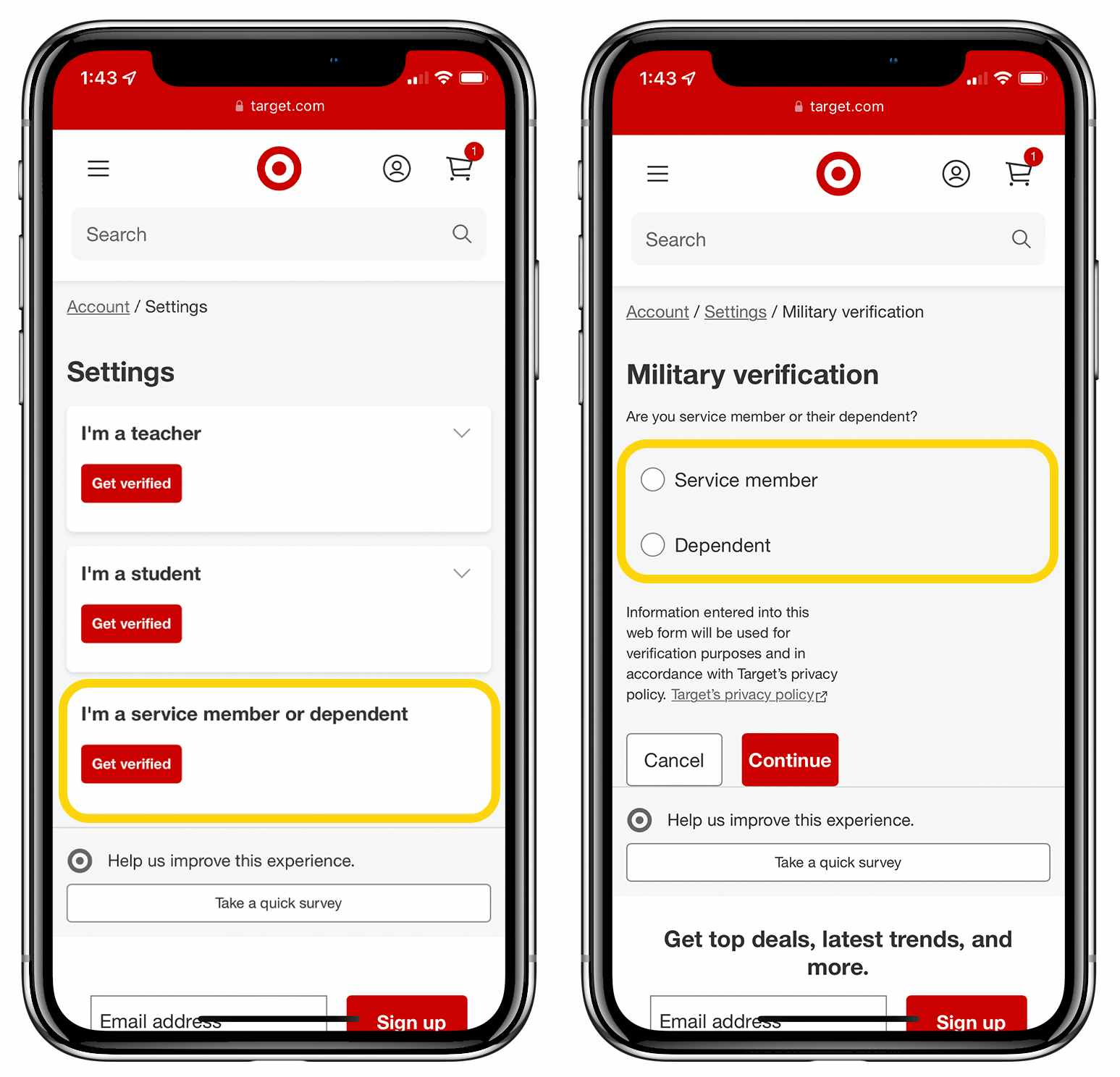 two phones showing screenshots of targets military status verification for discount