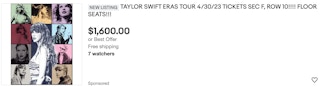 Taylor Swift tickets listing on eBay for $1600