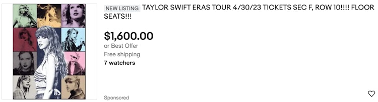 Taylor Swift tickets listing on eBay for $1600