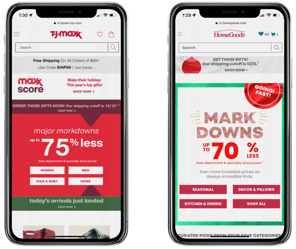 two iphones showing the homepage for TJMaxx.com and the other showing the HomeGoods.com homepage