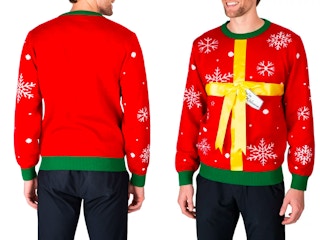 Red ugly Christmas sweater with a yellow bow on the front.