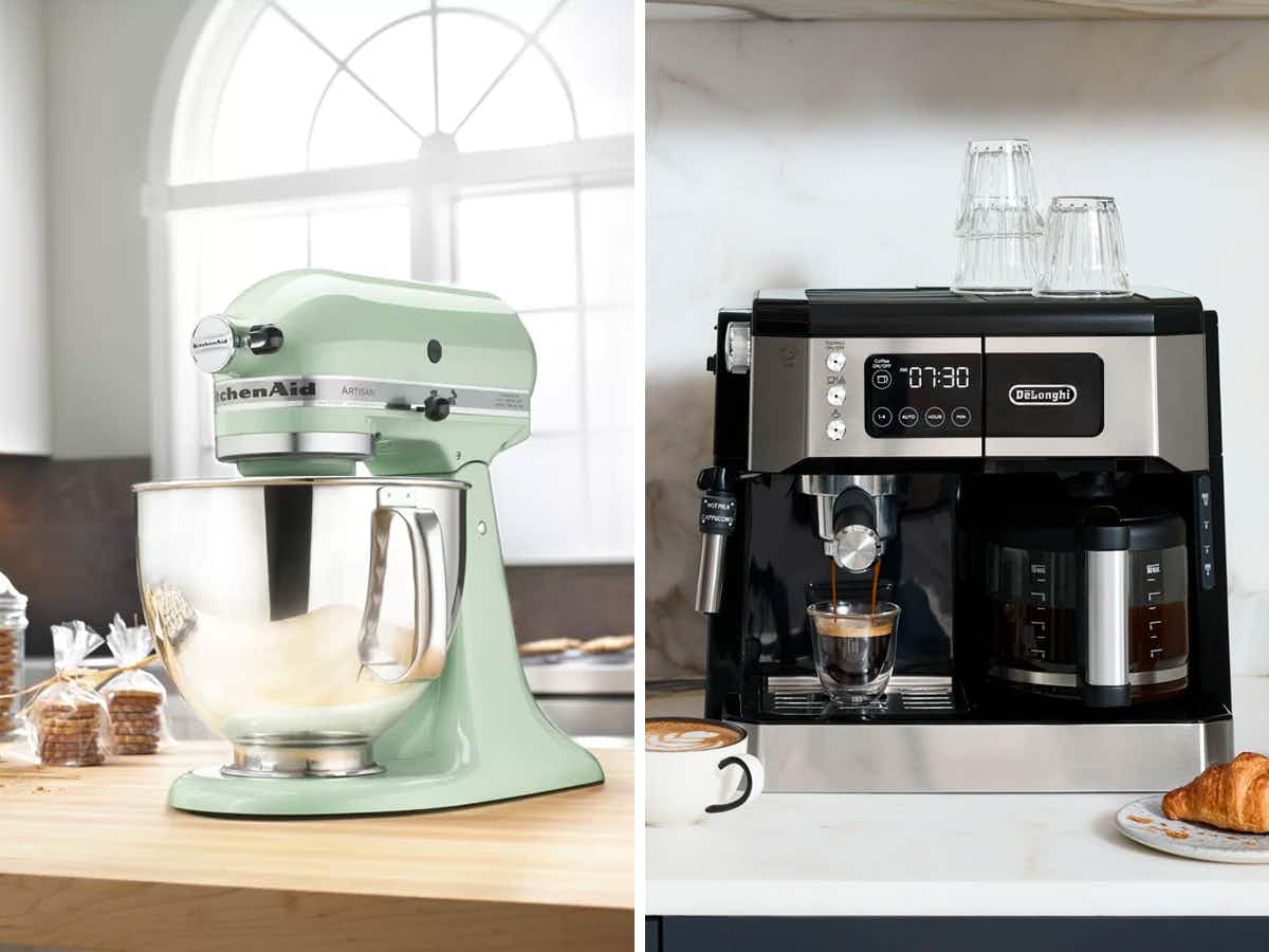A KitchenAid Artisan Series 10 Speed 5 Qt. Stand Mixer and a DeLonghi Coffee and Espresso Combo Brewer from Wayfair