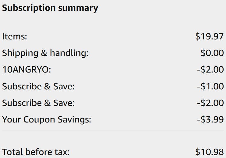 An Amazon subscription summary ending in $10.99.