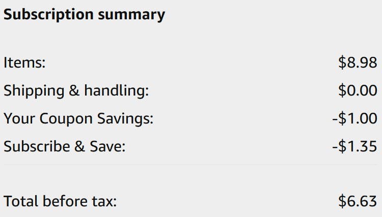 An Amazon subscription summary ending in $6.63.