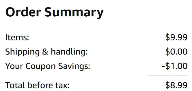 An Amazon order summary ending in $8.99