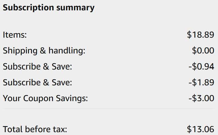 An Amazon subscription summary ending in $13.06.