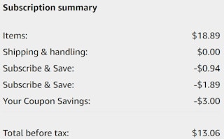 An Amazon subscription summary ending in $13.06.