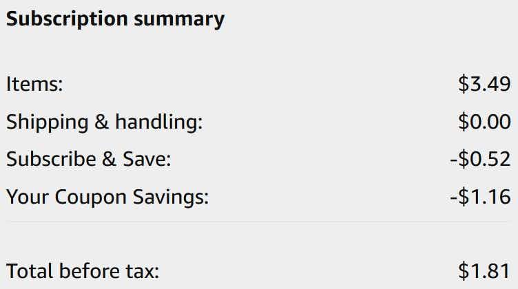 An Amazon subscription summary ending in $1.81.