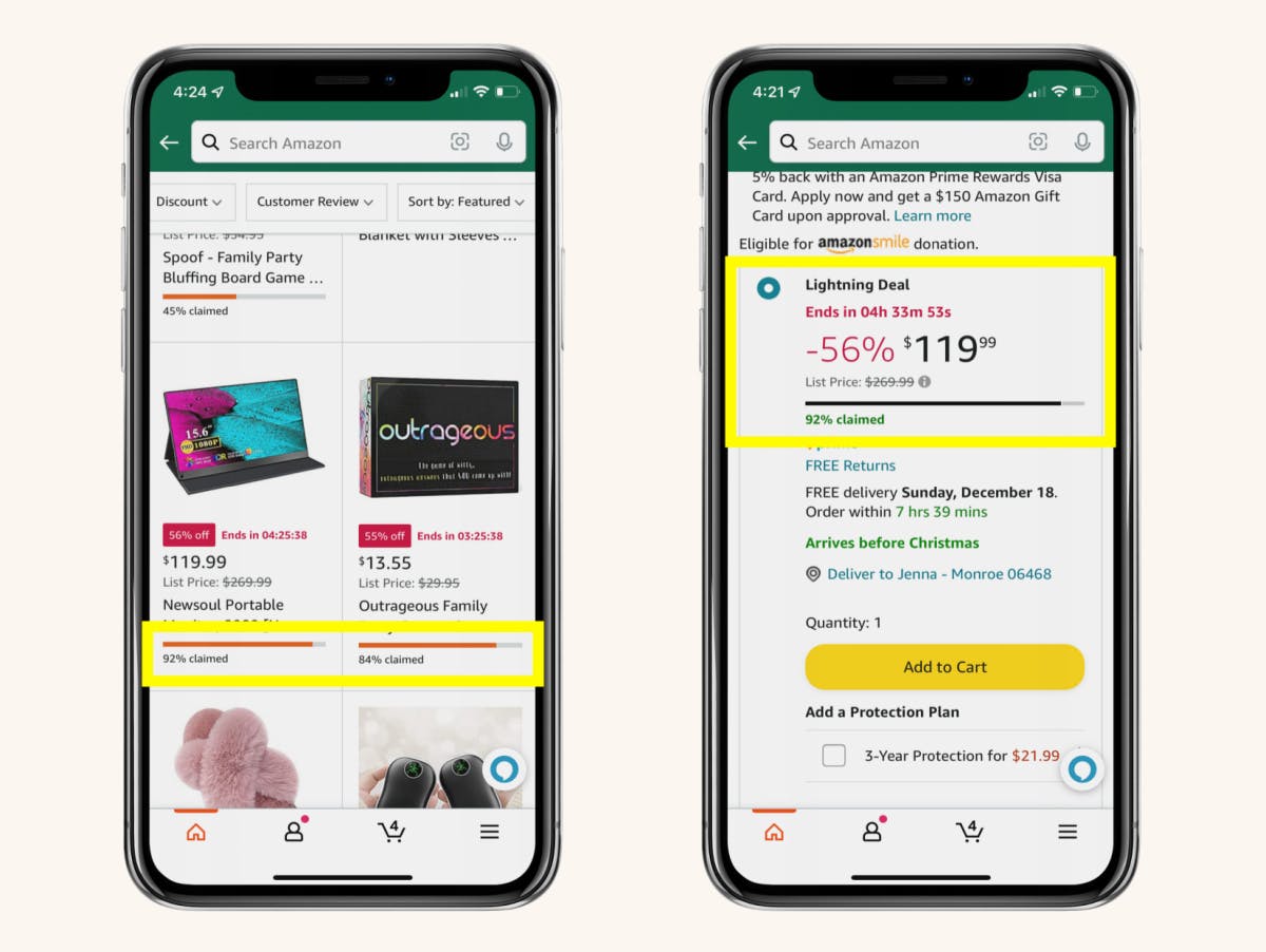 Two smartphones showing the percent claimed bar, which indicates how many shoppers have claimed the deal