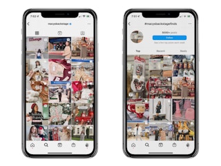 Two screenshots of the Macy's Backstage Instagram and #MacysBackstageFinds hashtag on Instagram