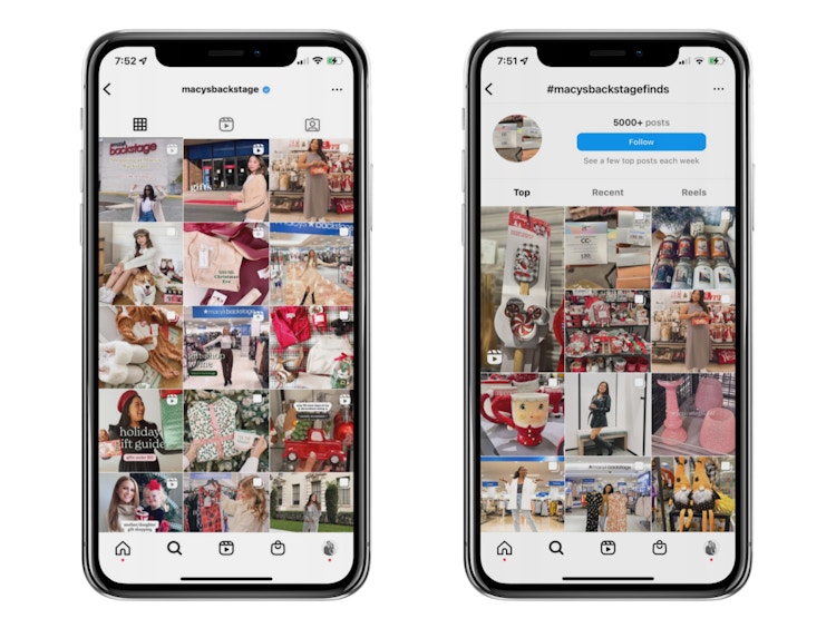 Two screenshots of the Macy's Backstage Instagram and #MacysBackstageFinds hashtag on Instagram