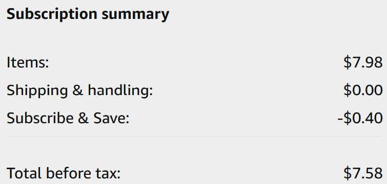 An Amazon subscription summary ending in $7.58.