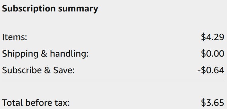 An Amazon subscription summary ending in $3.65.