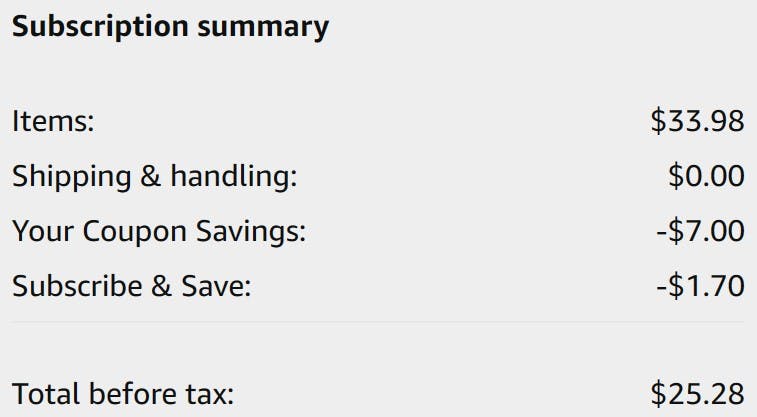 An Amazon subscription summary ending in $25.28.