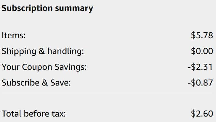 An Amazon subscription summary ending in $2.60
