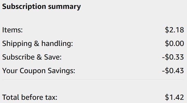 An Amazon subscription summary ending in $1.42.