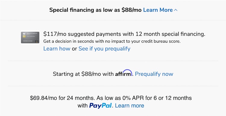 A screenshot of the payment and financing plans for a fridge on the ABT website 