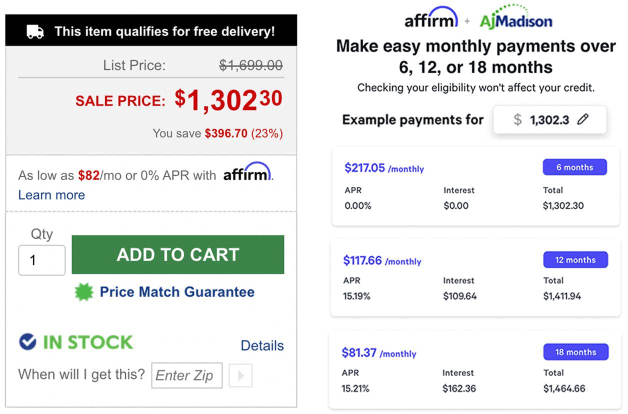 The sale price and affirm payment options for a refrigerator on the AJ Madison website