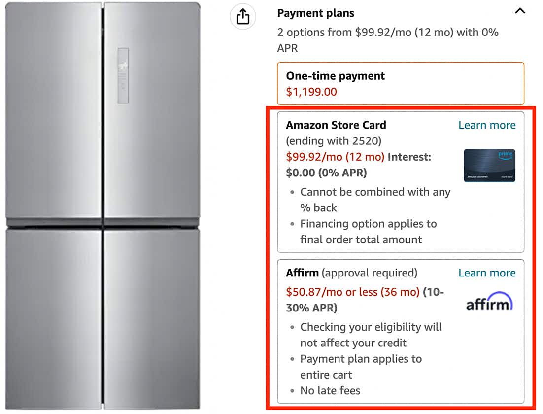 A screenshot from an Amazon product page for a refrigerator showing the offered payment plans through the Amazon Store Card and Affirm